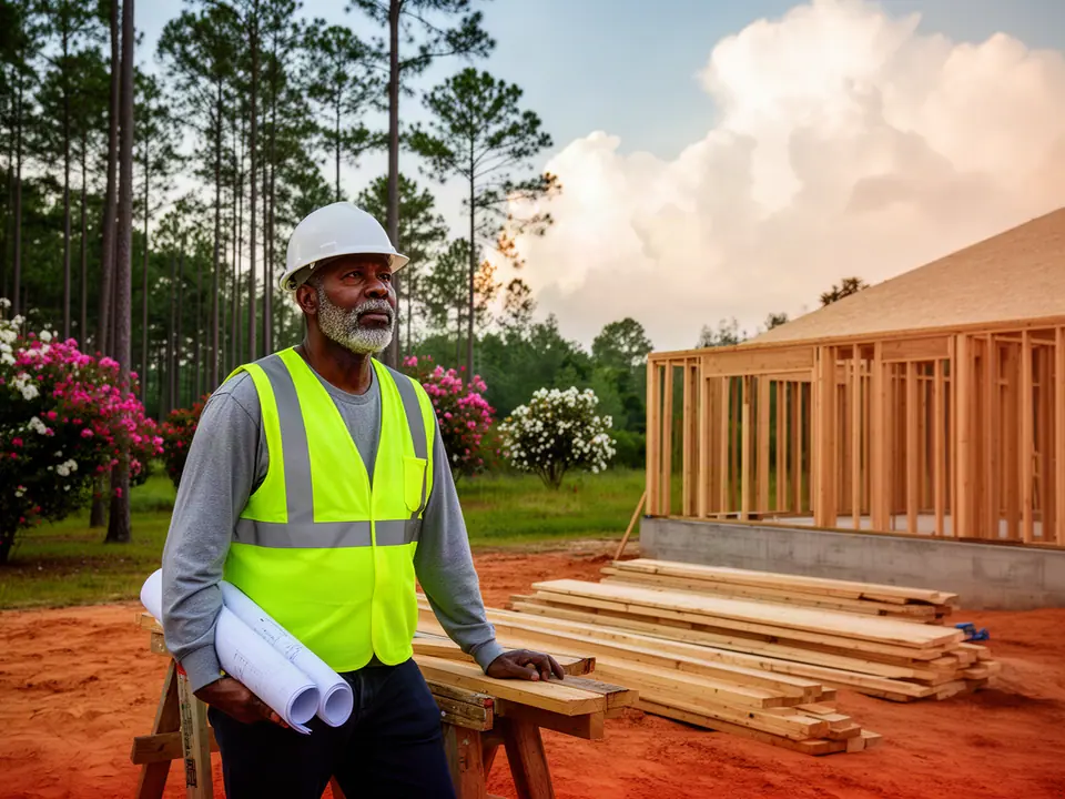 Builder with rolled plans beside new timber framing among longleaf pines under summer clouds