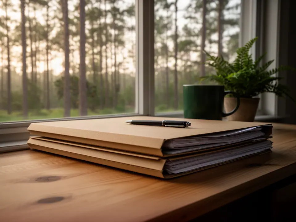Manila folders, a pen and a green mug by a window onto longleaf pines
